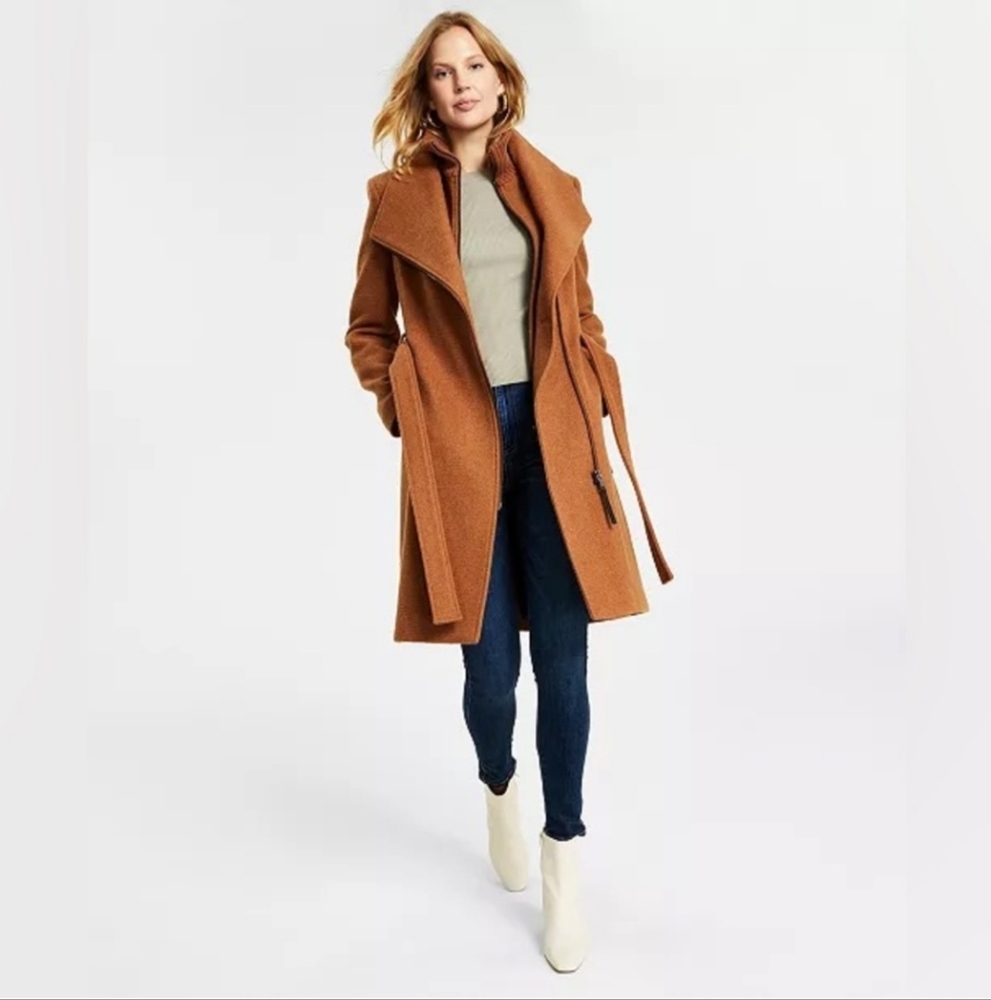 Calvin Klein belted wrap coat, dark camel, Petite Large